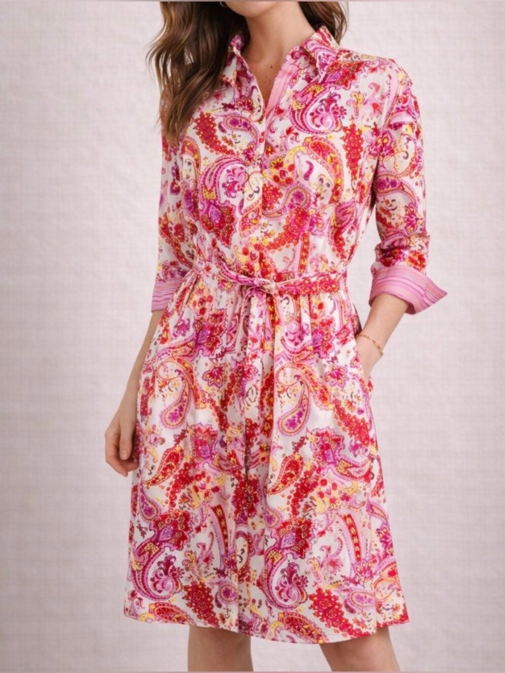 Robert Graham Pink Paisley Floral Shirt Dress Belted Button Front Size small